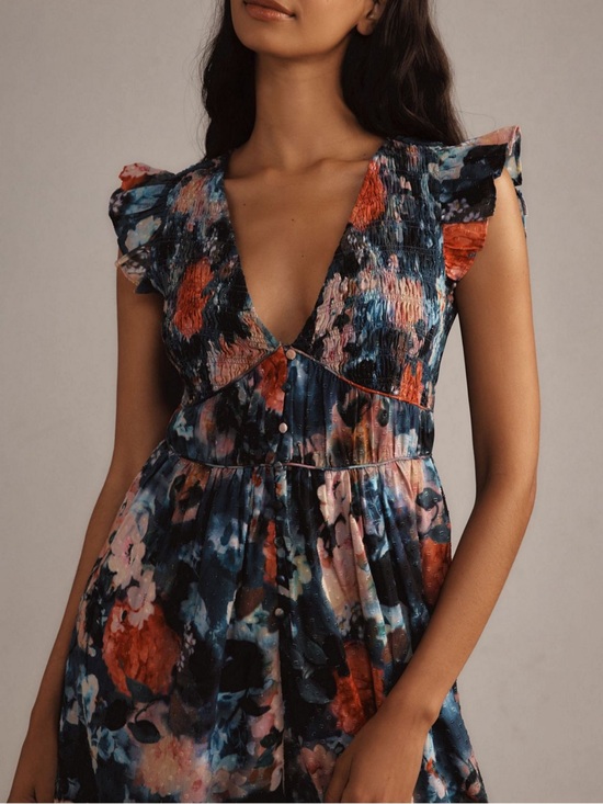 Anthropologie Dresses & Skirts - Anthropologie Deep Blue Floral V-Neck Dress with Coral Accents